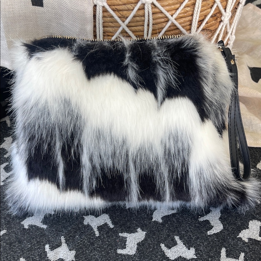 Chic Black and White Faux Fur Clutch or Crossbody